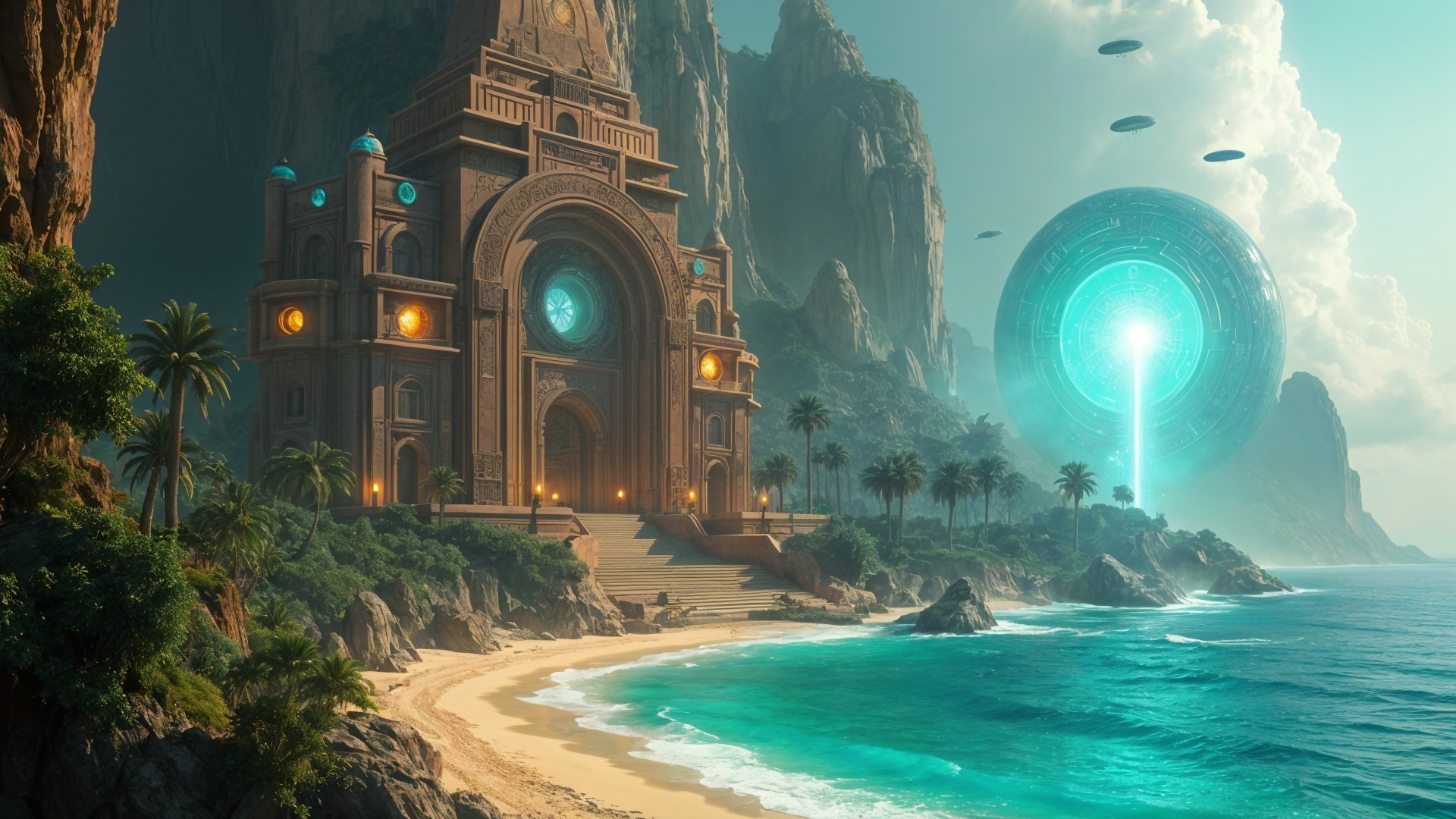 Coastal Scene with Temple, Cliffs, and UFOs