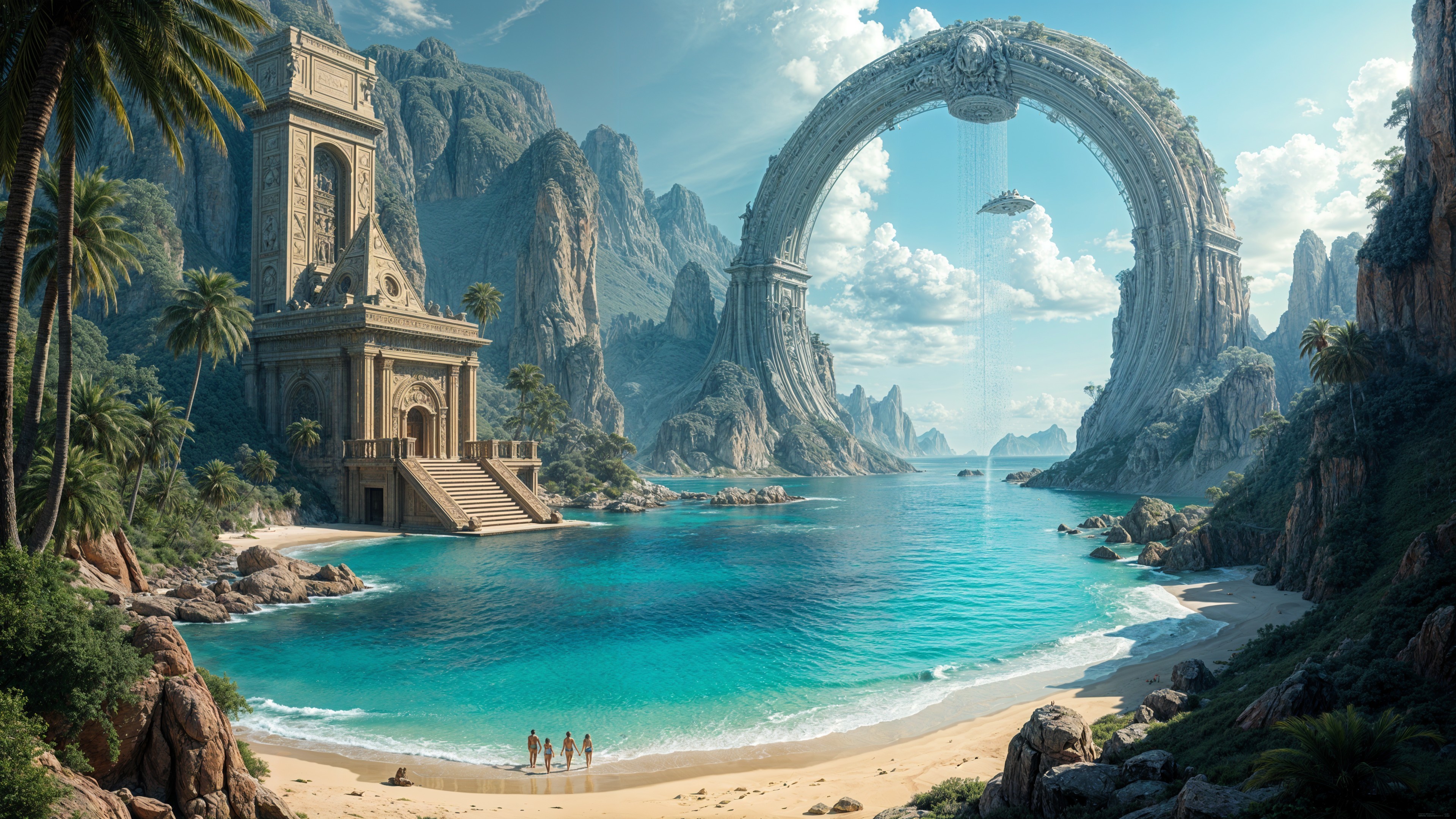 Tranquil Beach Scene with Palm Trees and Archway