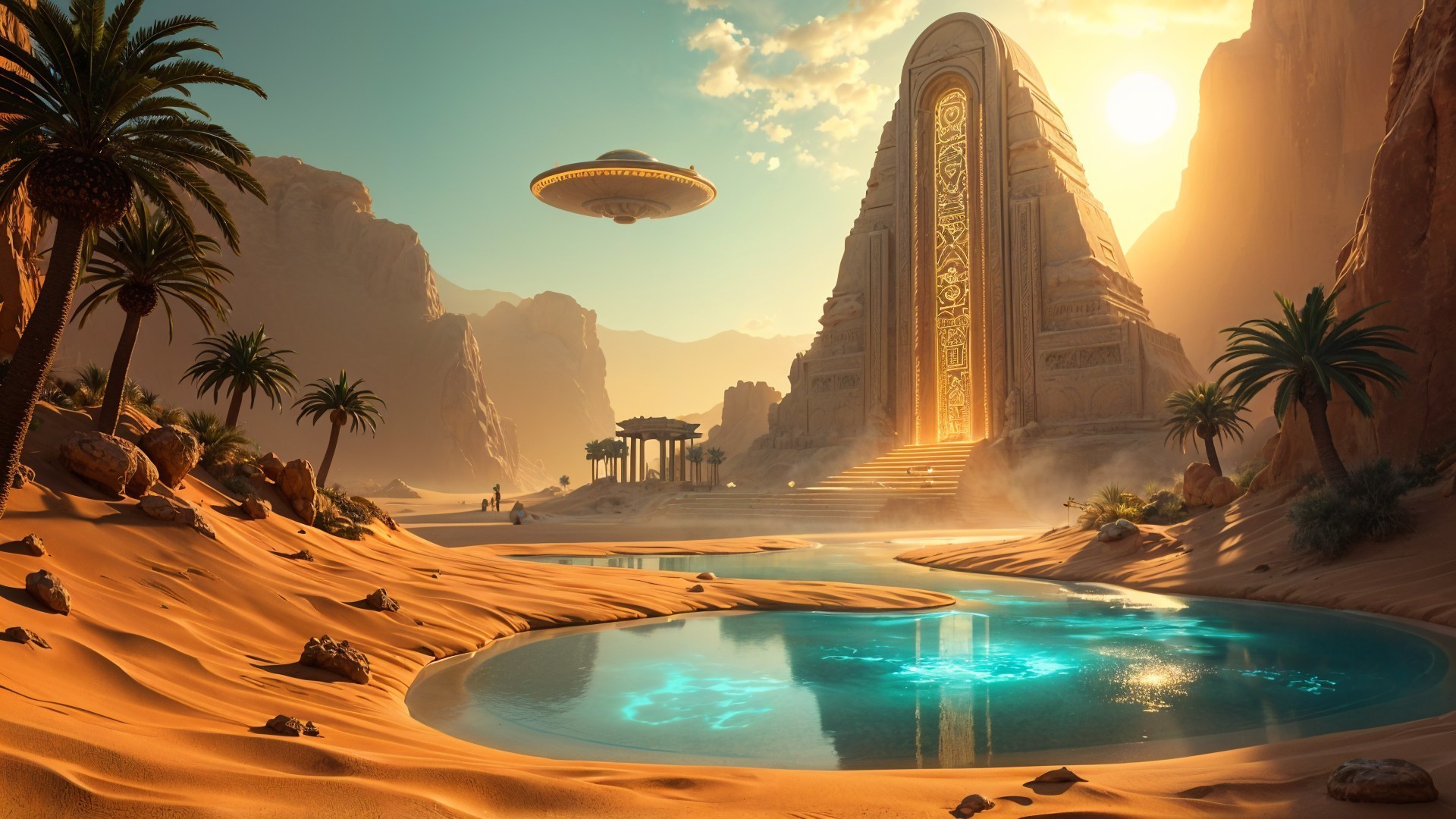 Surreal Desert Landscape with Golden Temple and UFO