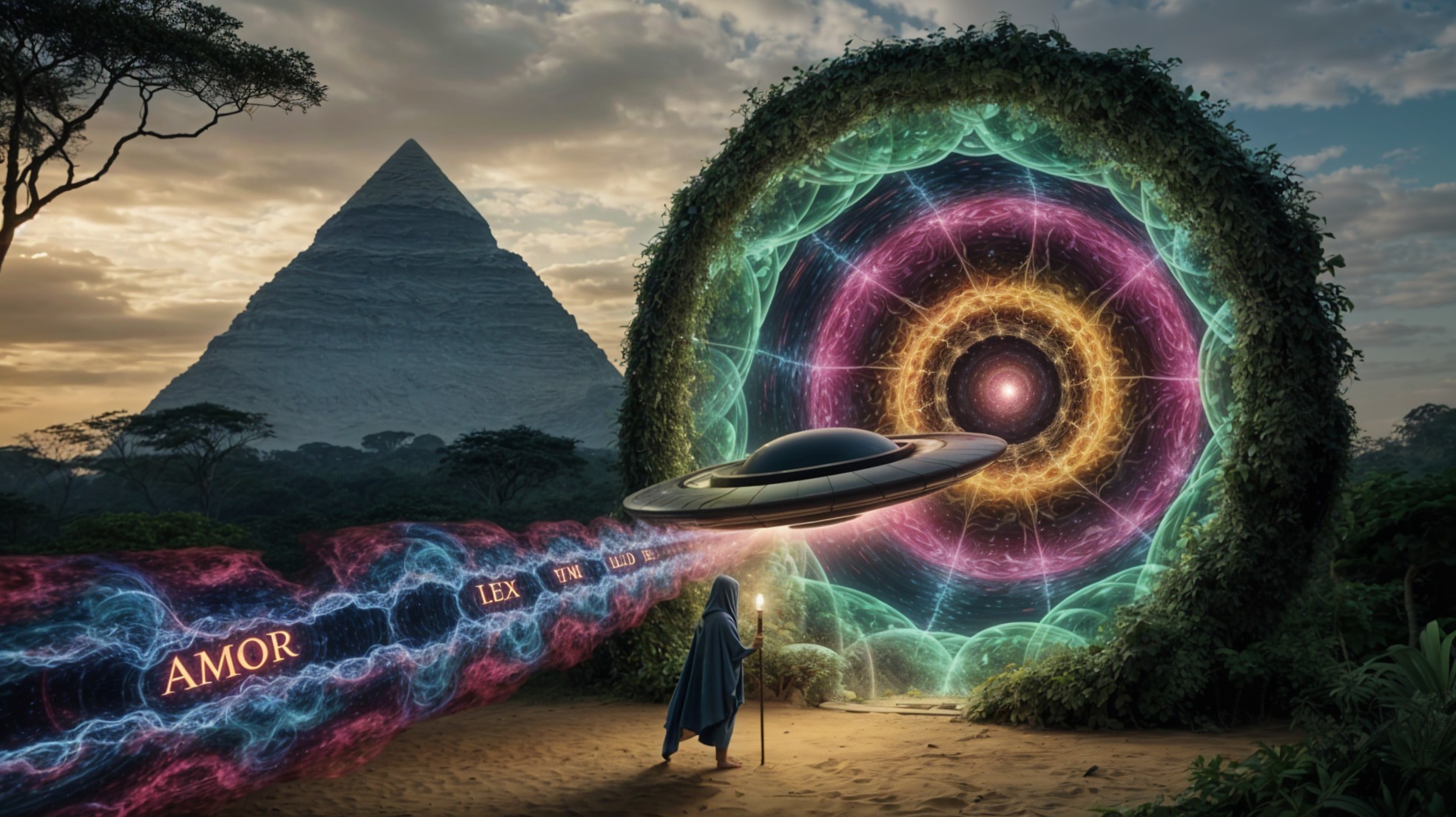 Cloaked Figure Before Vibrant Portal and Pyramid Scene