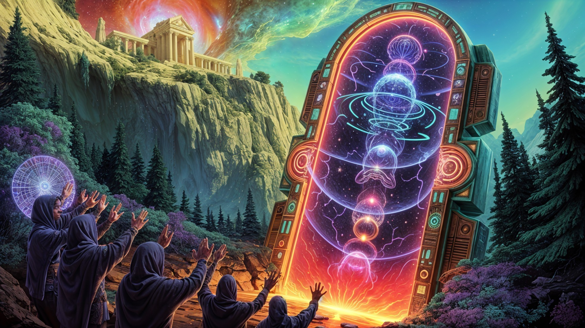 Surreal Landscape with Ancient Ruins and Cosmic Portal