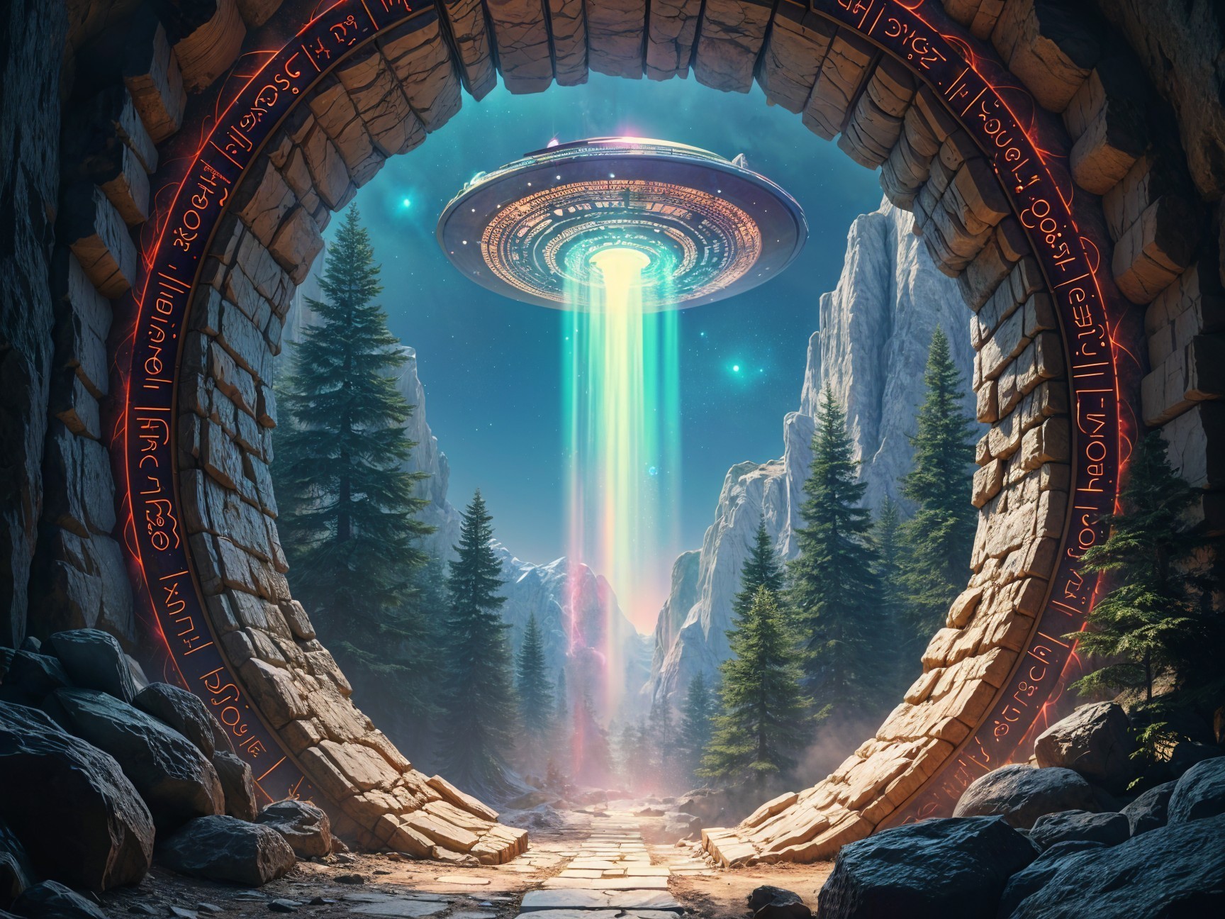 Mystical Stone Archway with UFO and Mountain View
