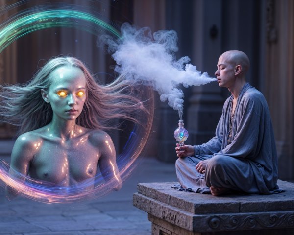 Bald Figure Meditates with Ethereal Female in Mystical Setting