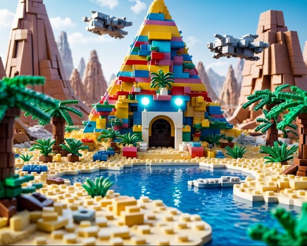 Colorful LEGO Pyramid Scene with Palm Trees and Pool