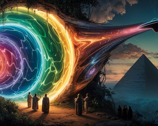 Vibrant Portal and Futuristic Landscape with Pyramid