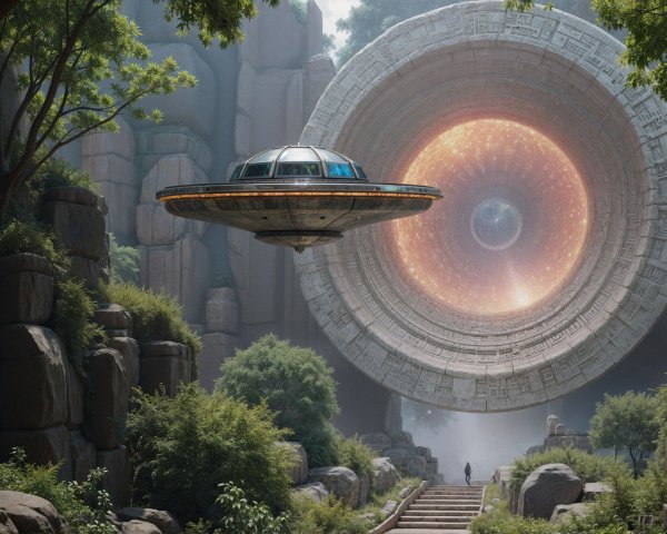 Futuristic spacecraft near glowing portal in lush landscape