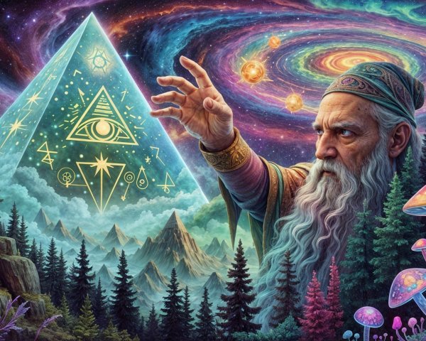 Ancient Figure in Robe with Glowing Pyramid and Cosmos