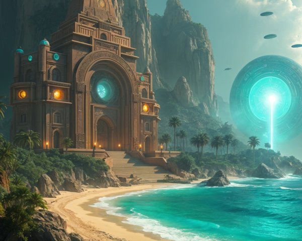 Coastal Scene with Temple, Cliffs, and UFOs