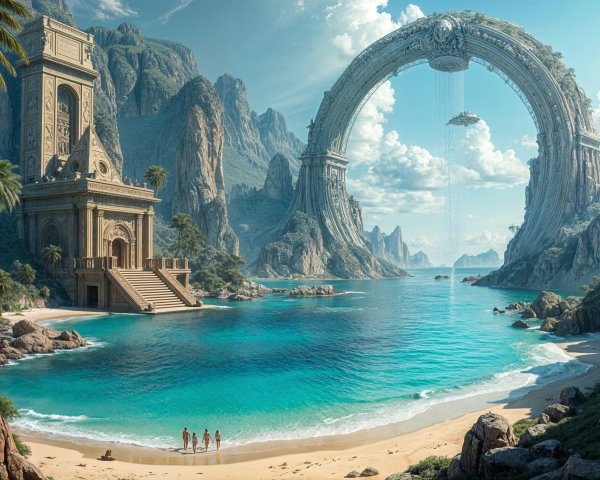 Tranquil Beach Scene with Palm Trees and Archway