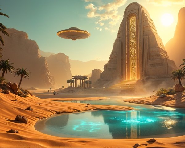 Surreal Desert Landscape with Golden Temple and UFO