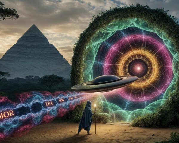 Cloaked Figure Before Vibrant Portal and Pyramid Scene