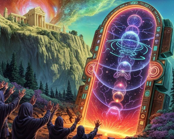 Surreal Landscape with Ancient Ruins and Cosmic Portal