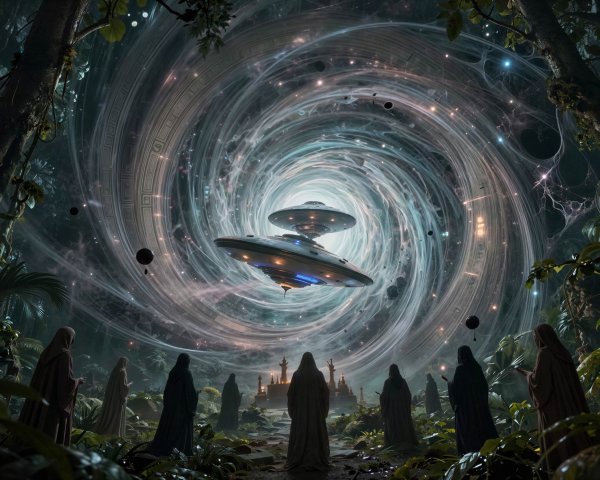 Futuristic Cosmic Scene with Flying Saucers and Figures