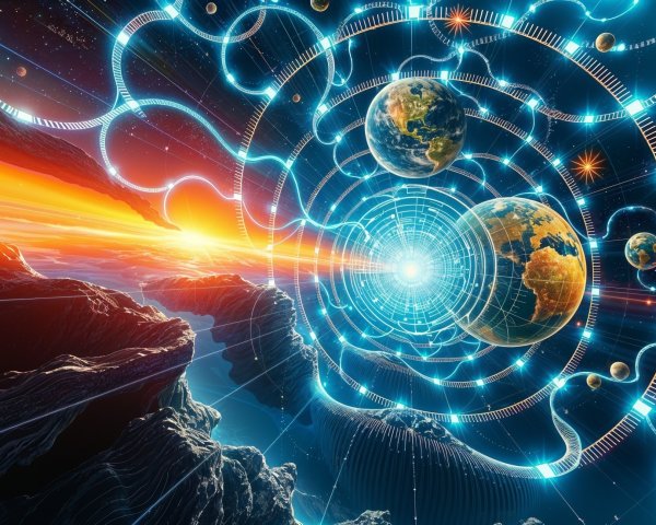 Cosmic Scene with Swirling Light Tunnel and Planets