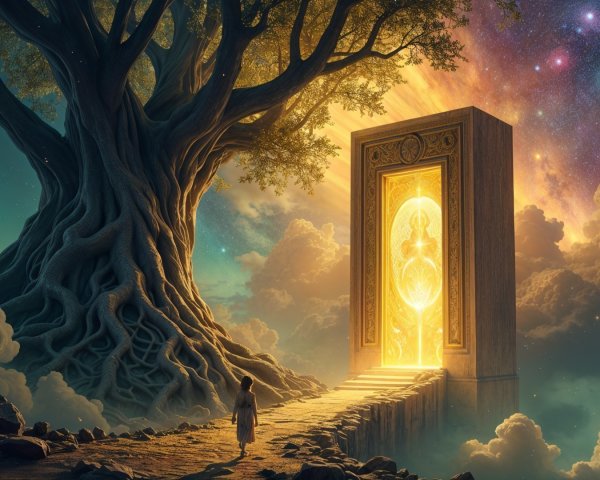 Ancient tree with glowing door in cosmic scenery