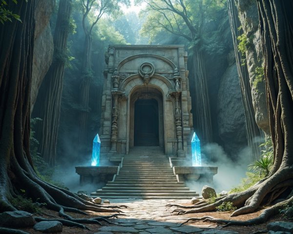 Ancient Temple Surrounded by Forest and Mystical Elements
