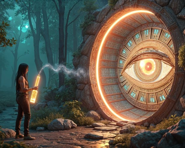Mystical Forest with Glowing Stone Portal and Staff