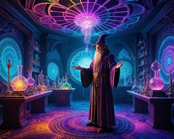 Mystical laboratory with a wizard and enchanting potions