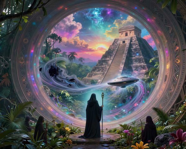 Mystical Digital Painting of Hooded Figures and Portal