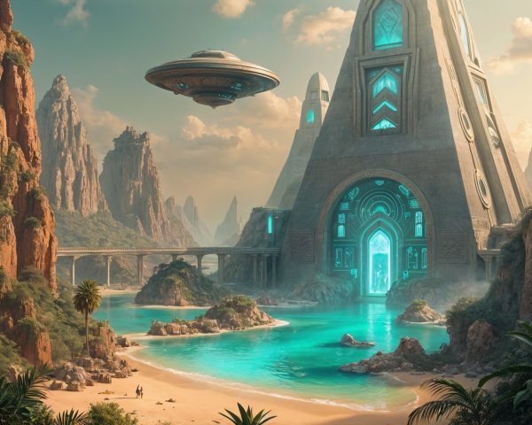 Futuristic Pyramid and Lagoon in Stunning Landscape