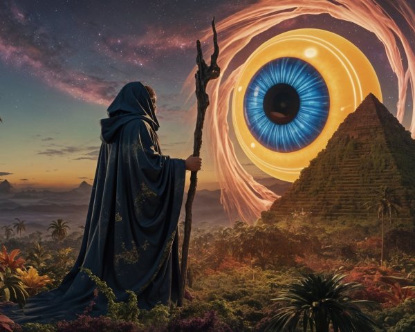 Cloaked Figure with Staff and Surreal Eye in Landscape