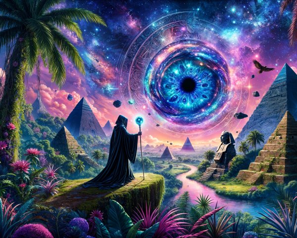 Mystical Landscape with Pyramids and Cosmic Portal