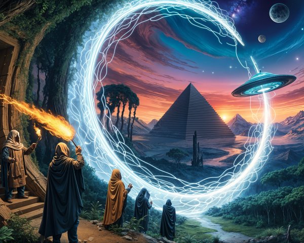 Cloaked Figures at Cave Entrance with Energy Portal