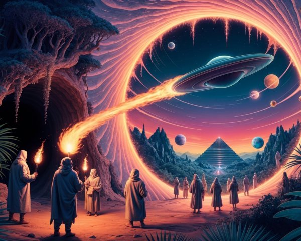 Surreal Gathering Around a Glowing Cosmic Portal