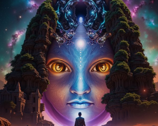 Mystical Landscape with Giant Ethereal Face and Pathway