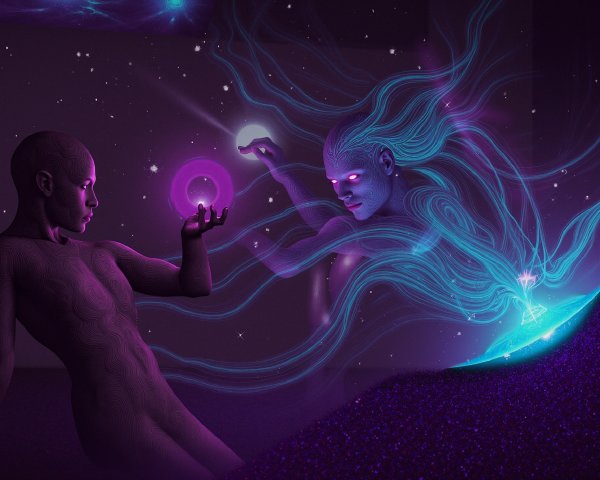 Humanoid Figure Interacts with Glowing Purple Orb