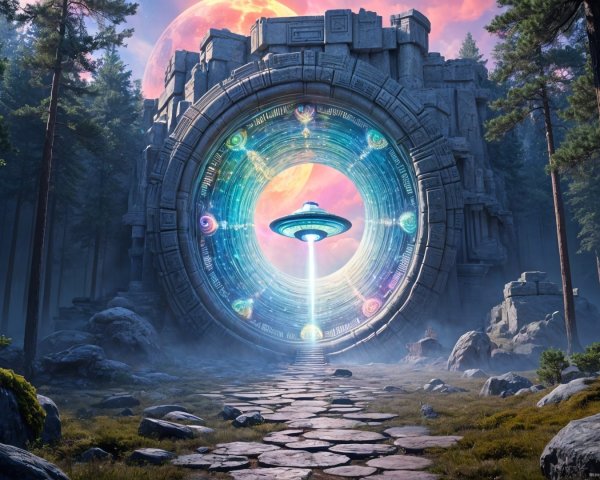 Mystical Stone Gateway with Futuristic Spacecraft in Forest