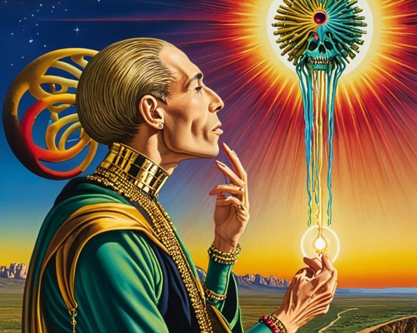 Surreal Scene with Mystical Figure and Vibrant Sun