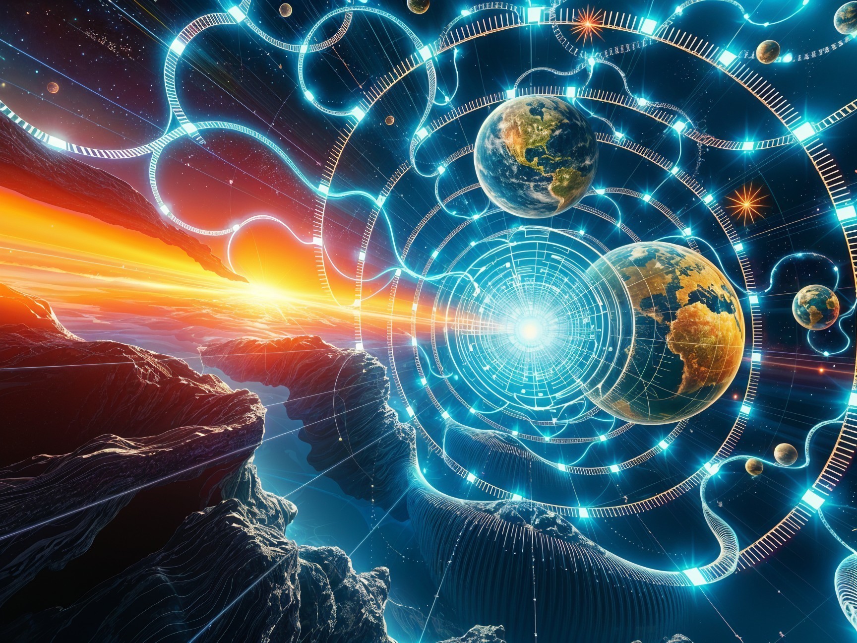 Cosmic Scene with Swirling Light Tunnel and Planets