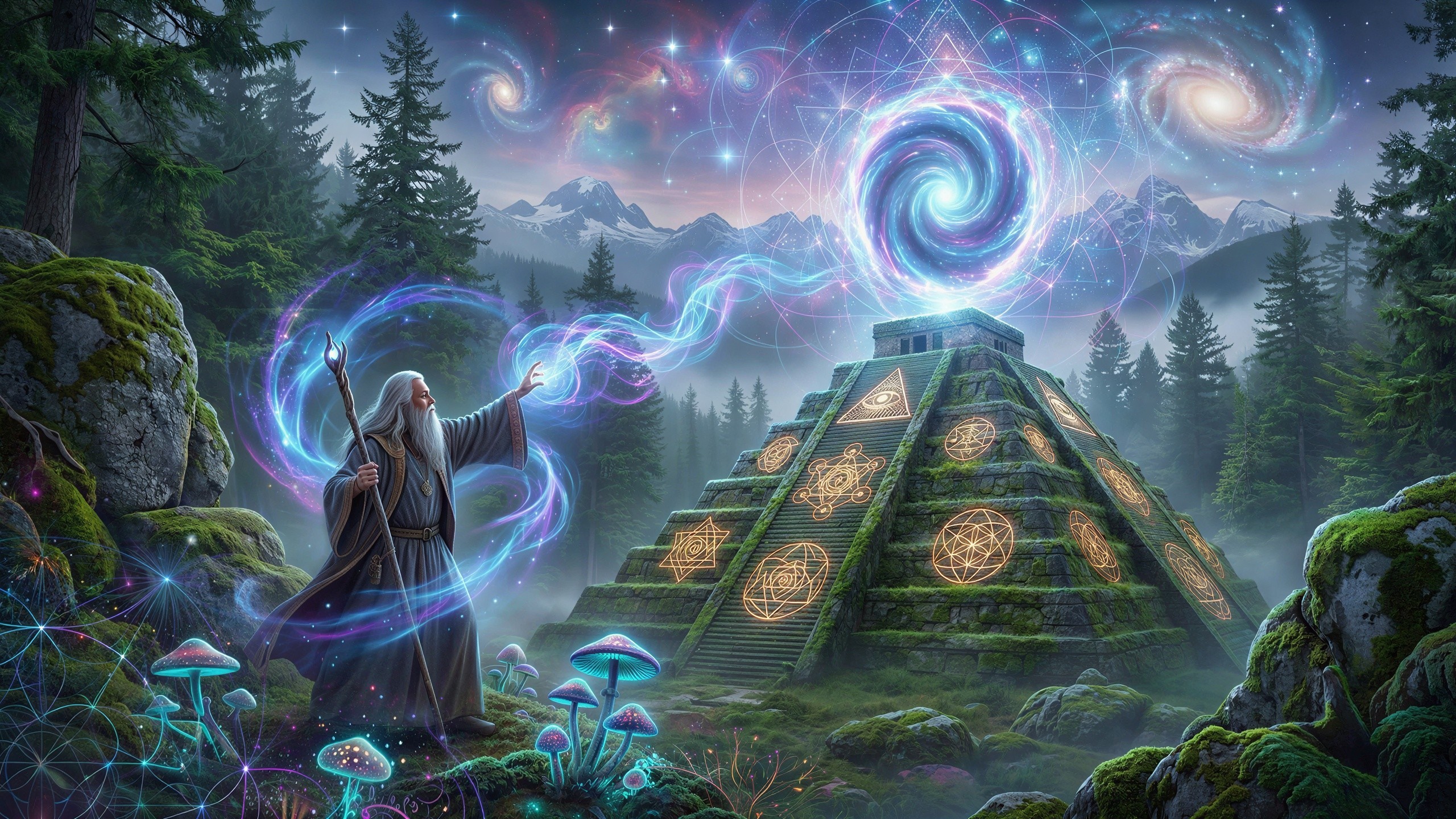 Wizard in Fantasy Forest with Energy Portal and Pyramid