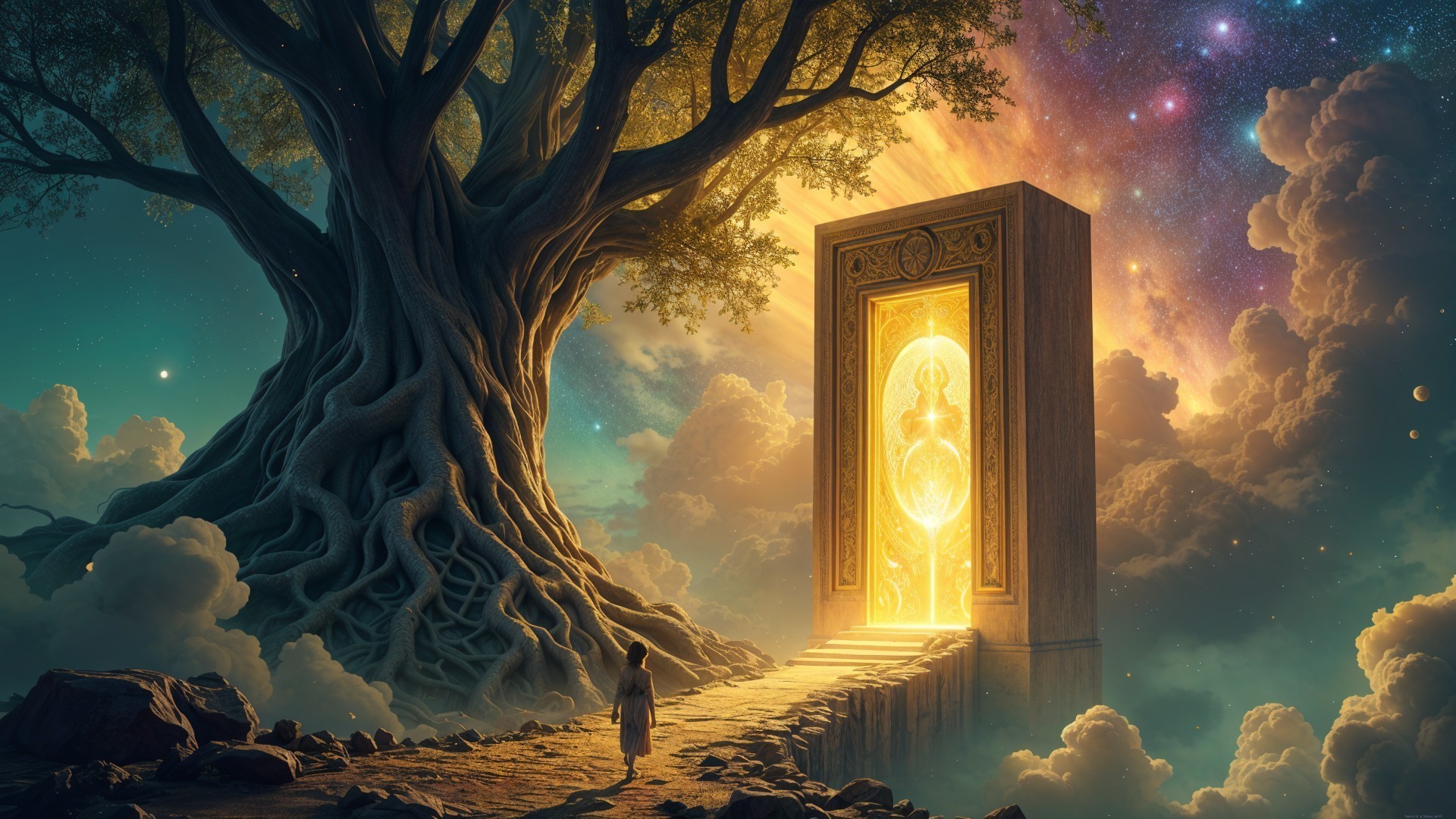 Ancient tree with glowing door in cosmic scenery