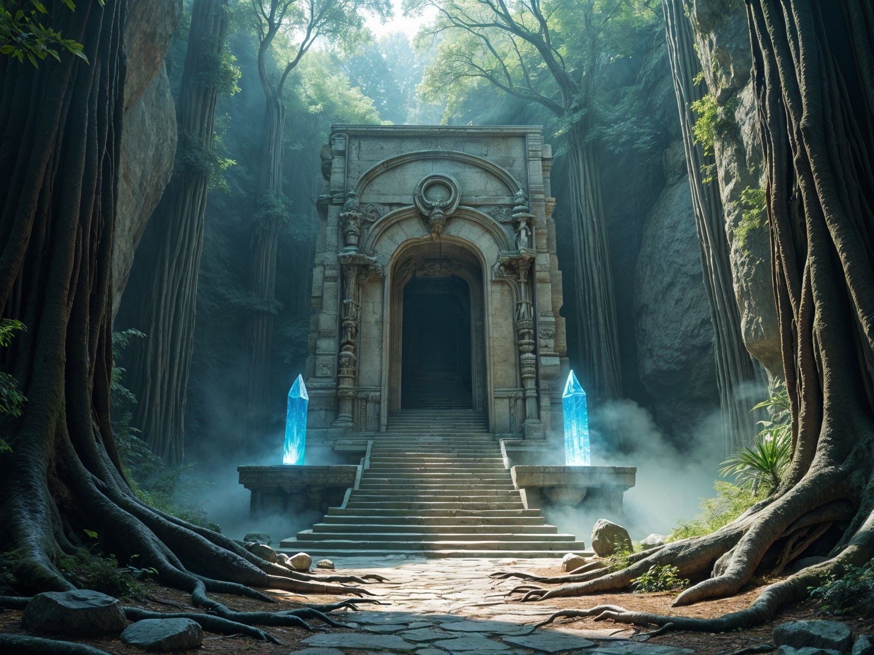 Ancient Temple Surrounded by Forest and Mystical Elements