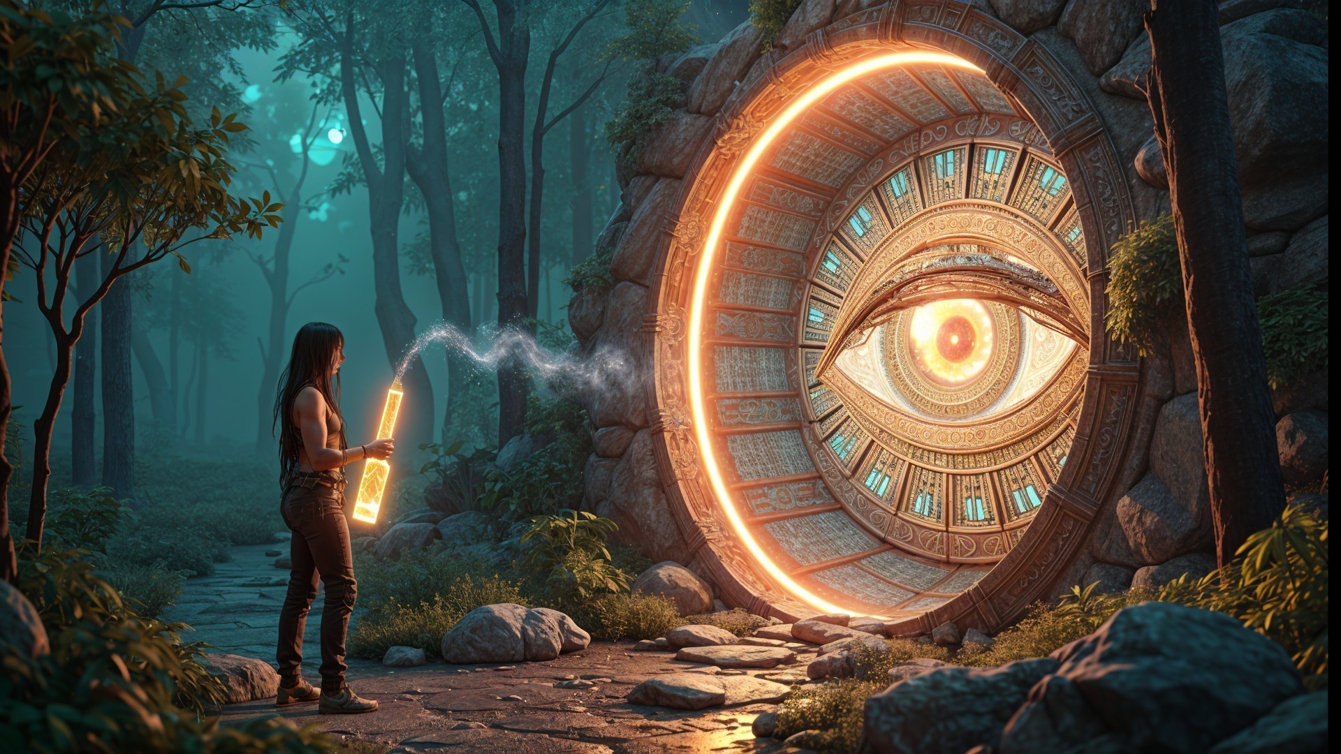Mystical Forest with Glowing Stone Portal and Staff
