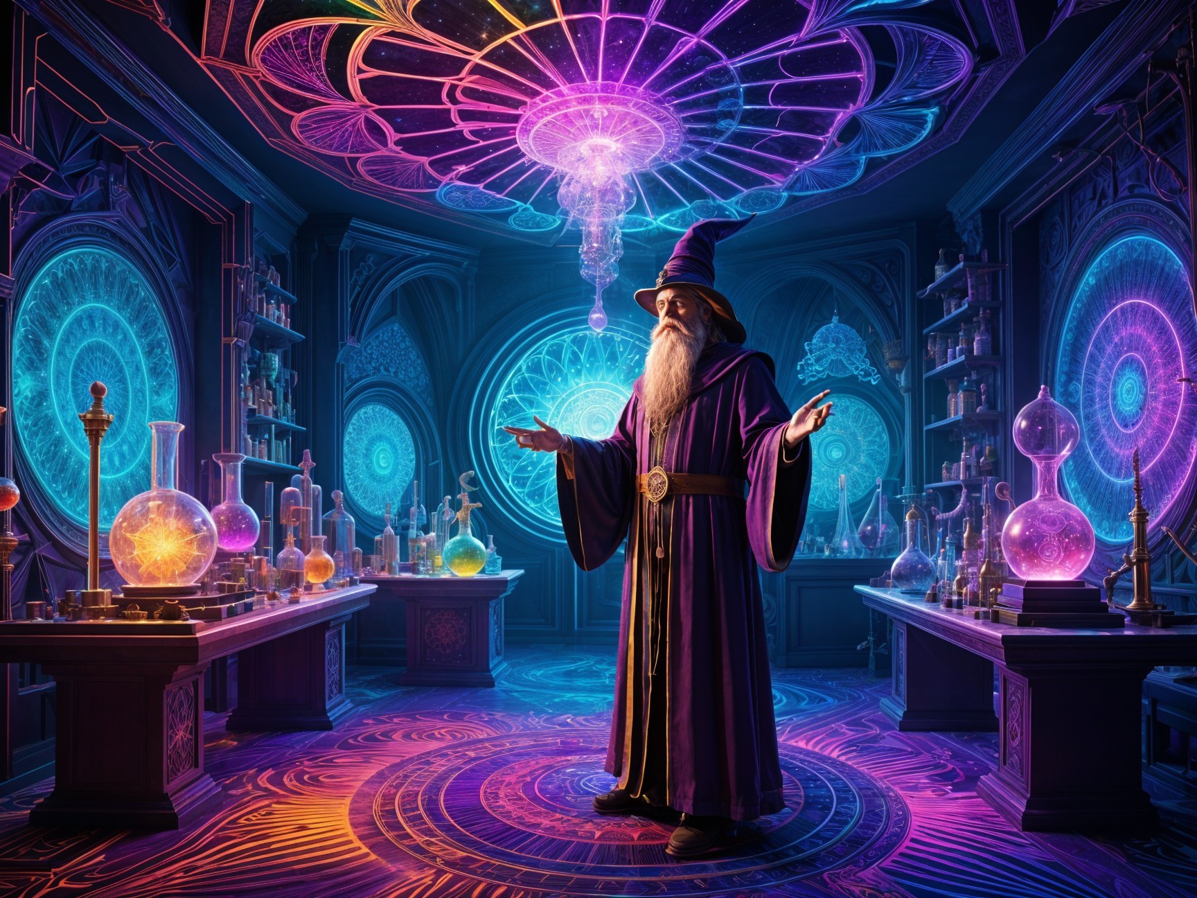 Mystical laboratory with a wizard and enchanting potions