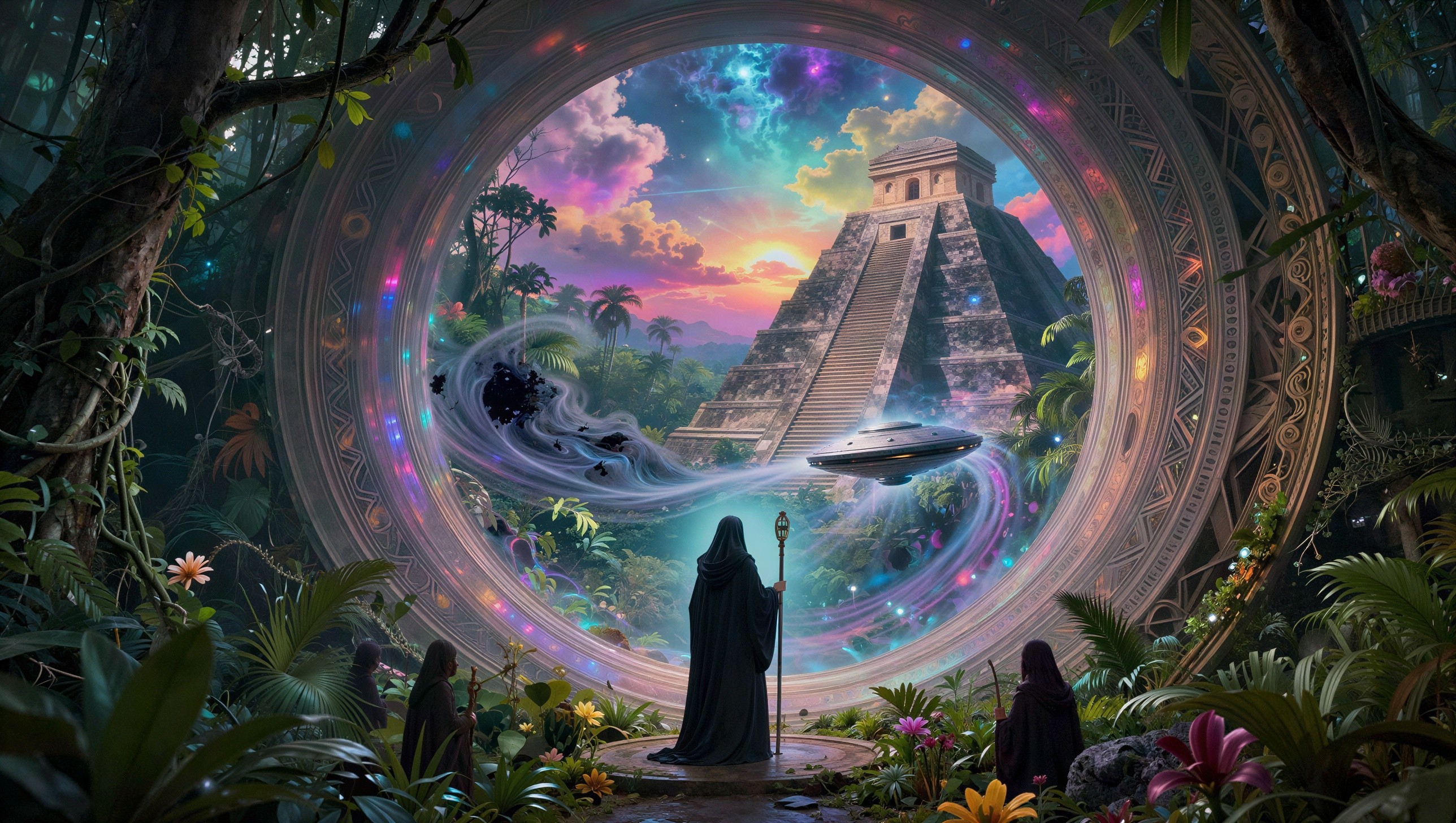 Mystical Digital Painting of Hooded Figures and Portal