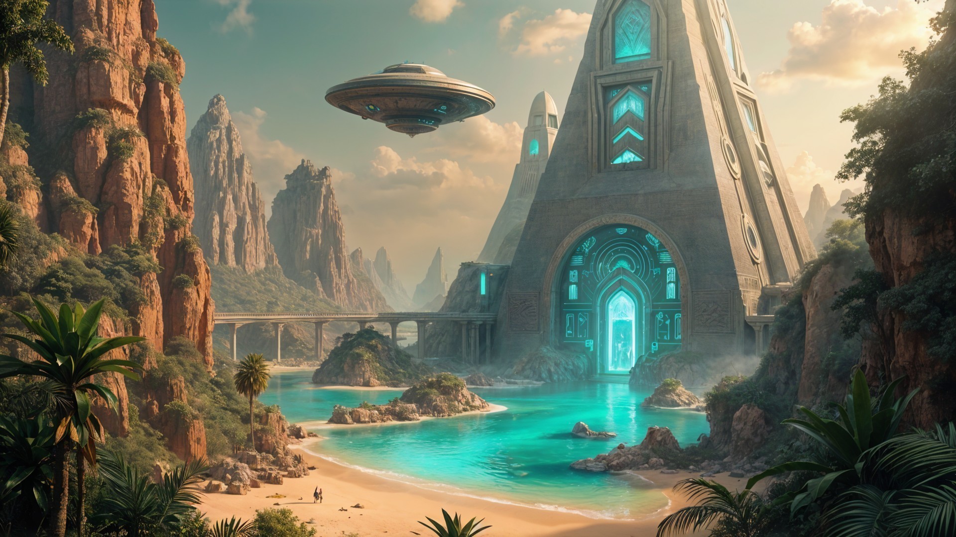 Futuristic Pyramid and Lagoon in Stunning Landscape