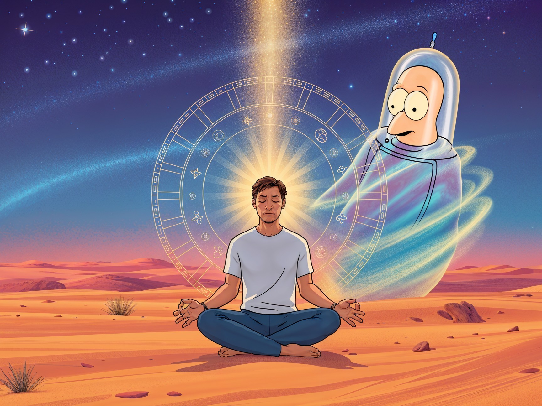 Meditation in a Cosmic Desert Landscape at Night