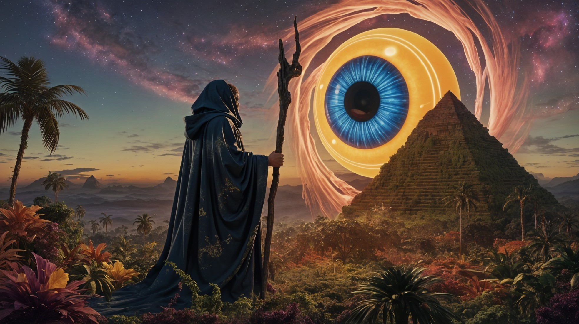 Cloaked Figure with Staff and Surreal Eye in Landscape