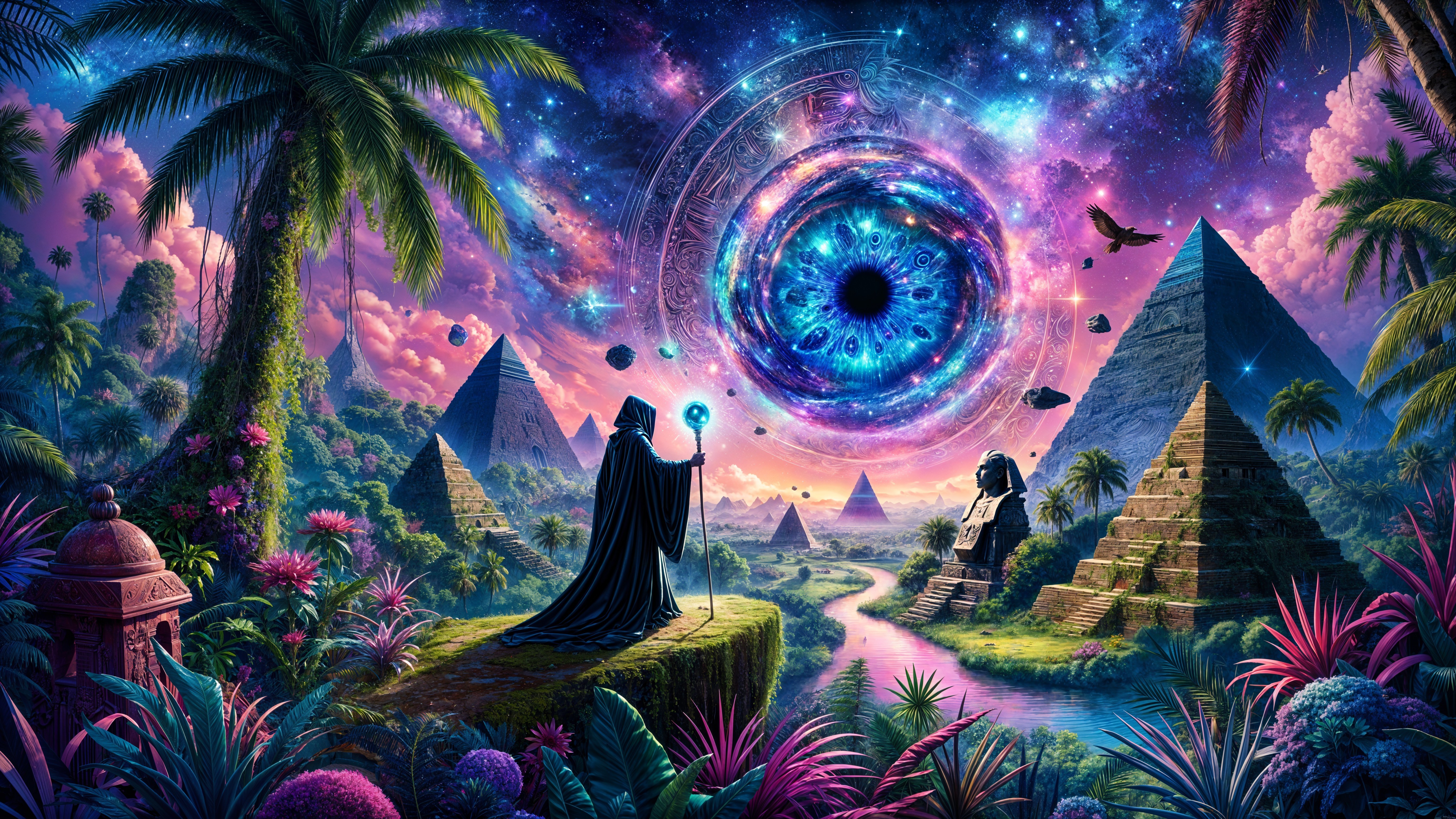 Mystical Landscape with Pyramids and Cosmic Portal