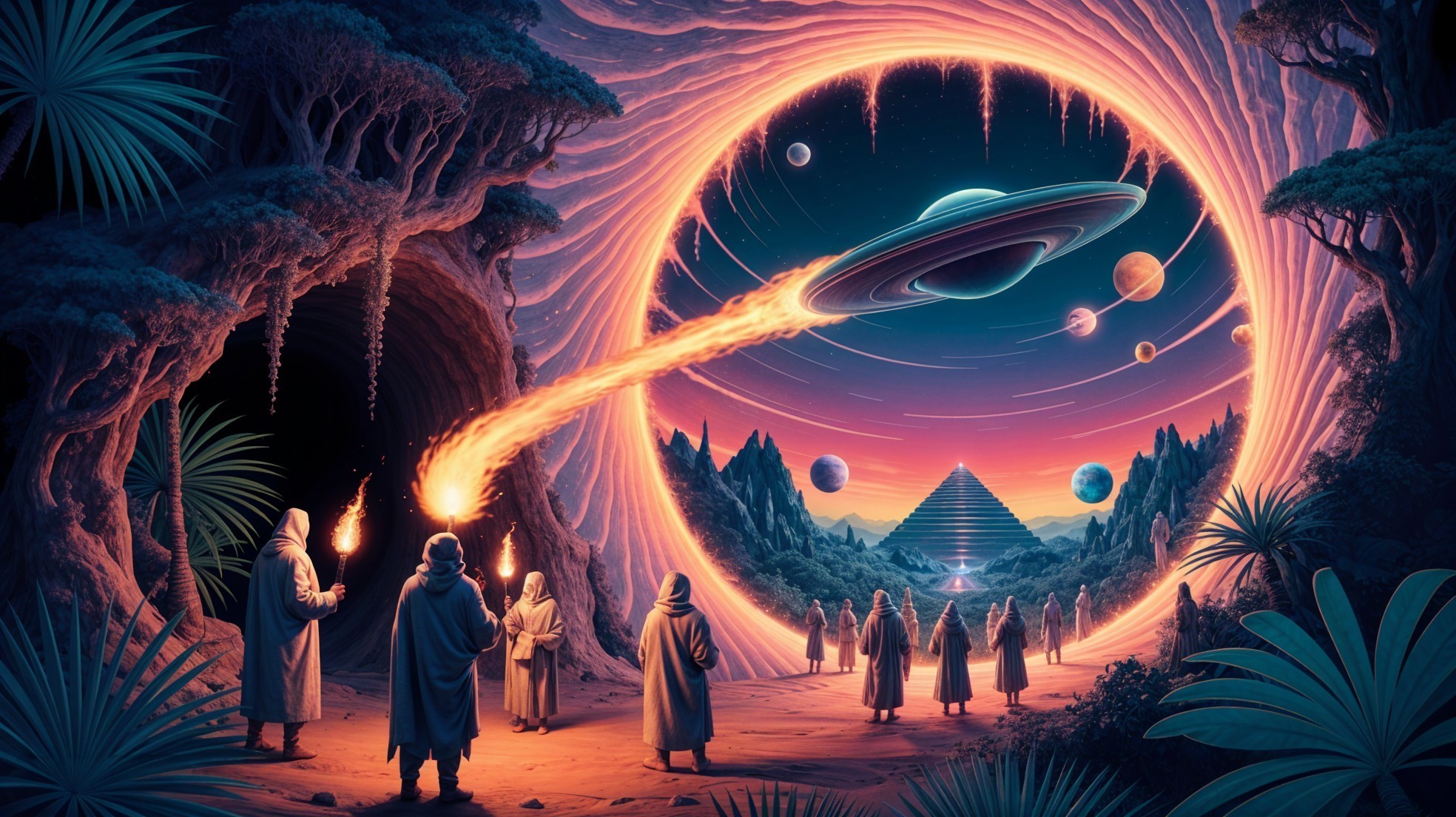 Surreal Gathering Around a Glowing Cosmic Portal