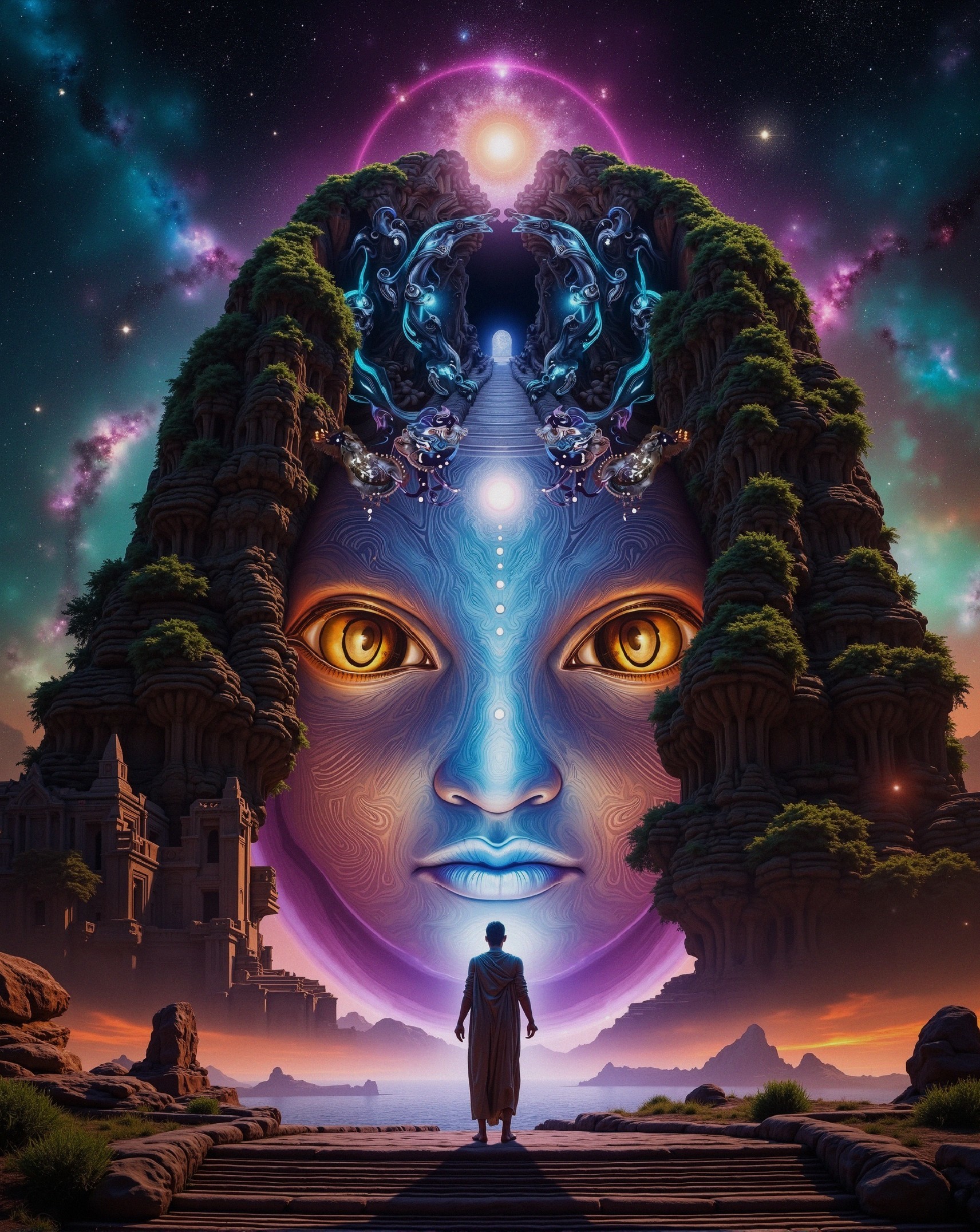 Mystical Landscape with Giant Ethereal Face and Pathway