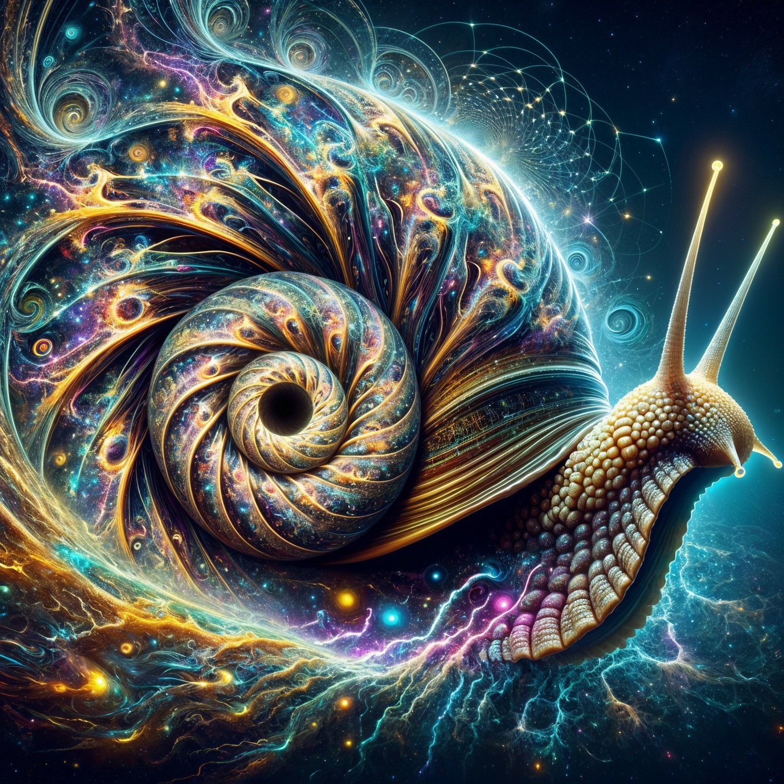 Cosmic Spiral Snail with Vibrant Colors and Patterns