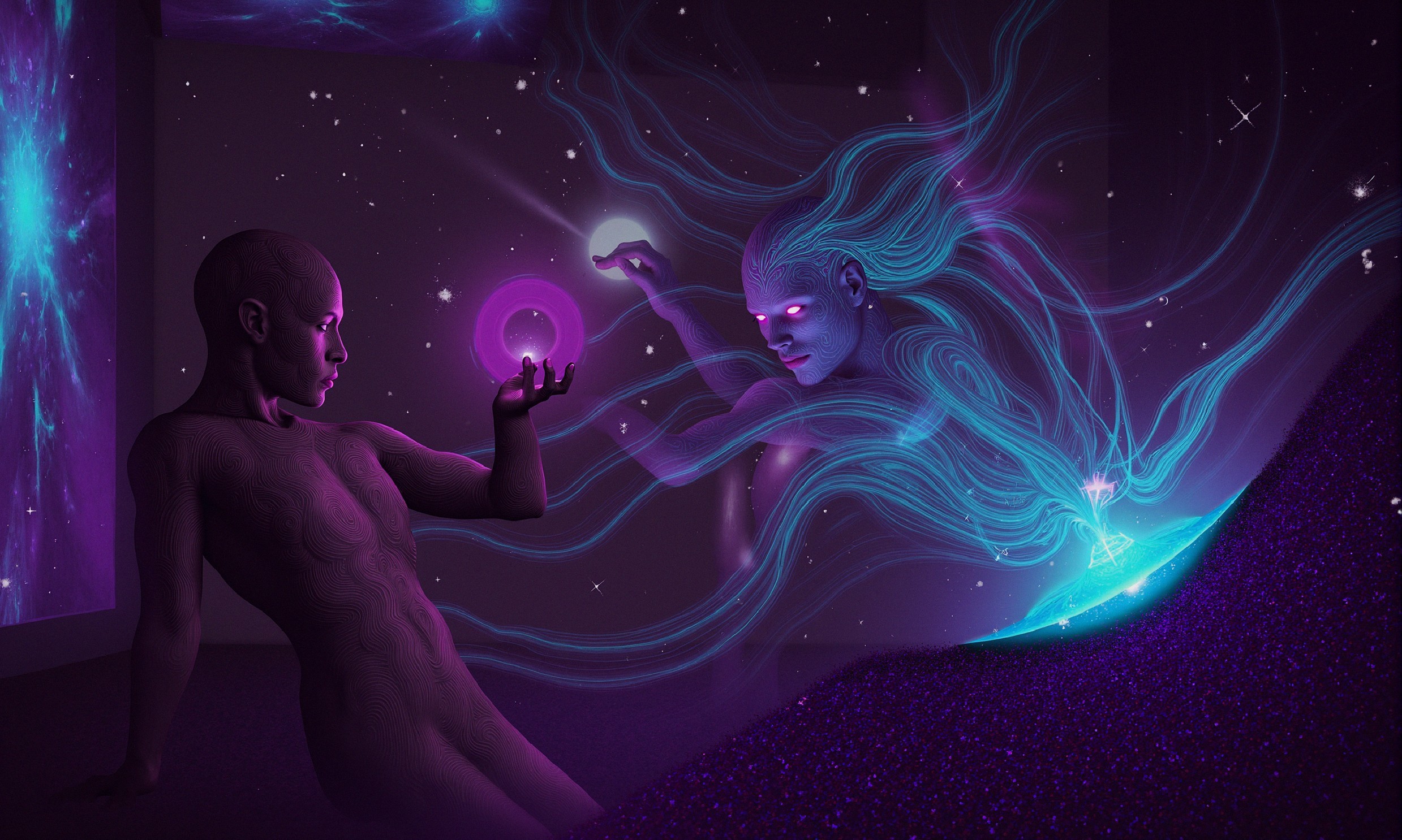 Humanoid Figure Interacts with Glowing Purple Orb