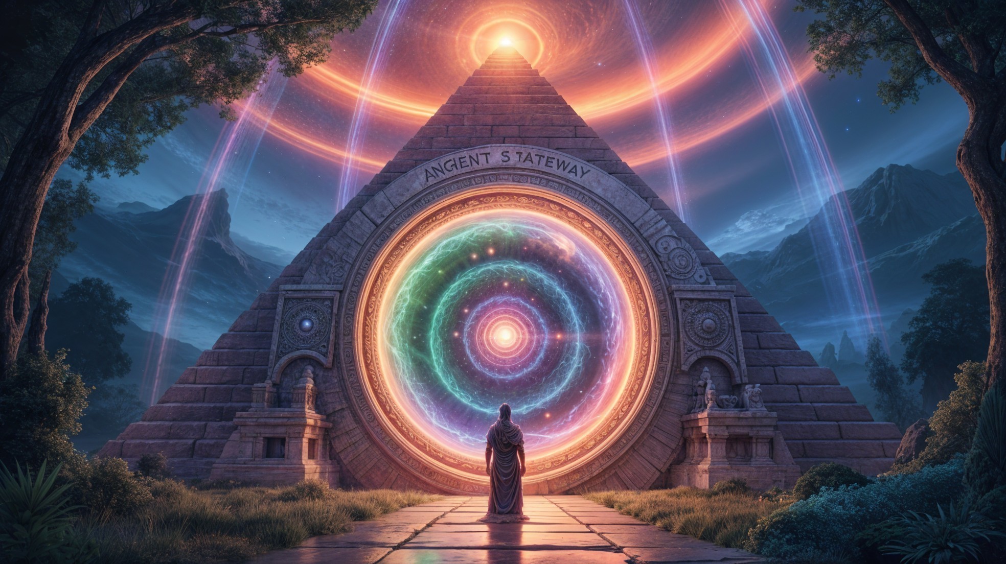 Mystical Pyramid with Vibrant Swirling Gateway
