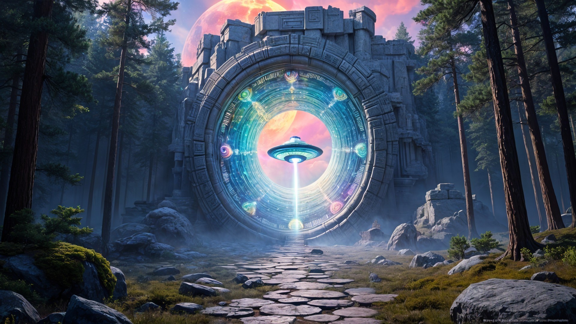 Mystical Stone Gateway with Futuristic Spacecraft in Forest