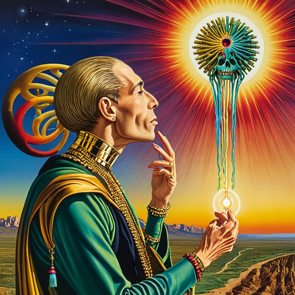 Surreal Scene with Mystical Figure and Vibrant Sun